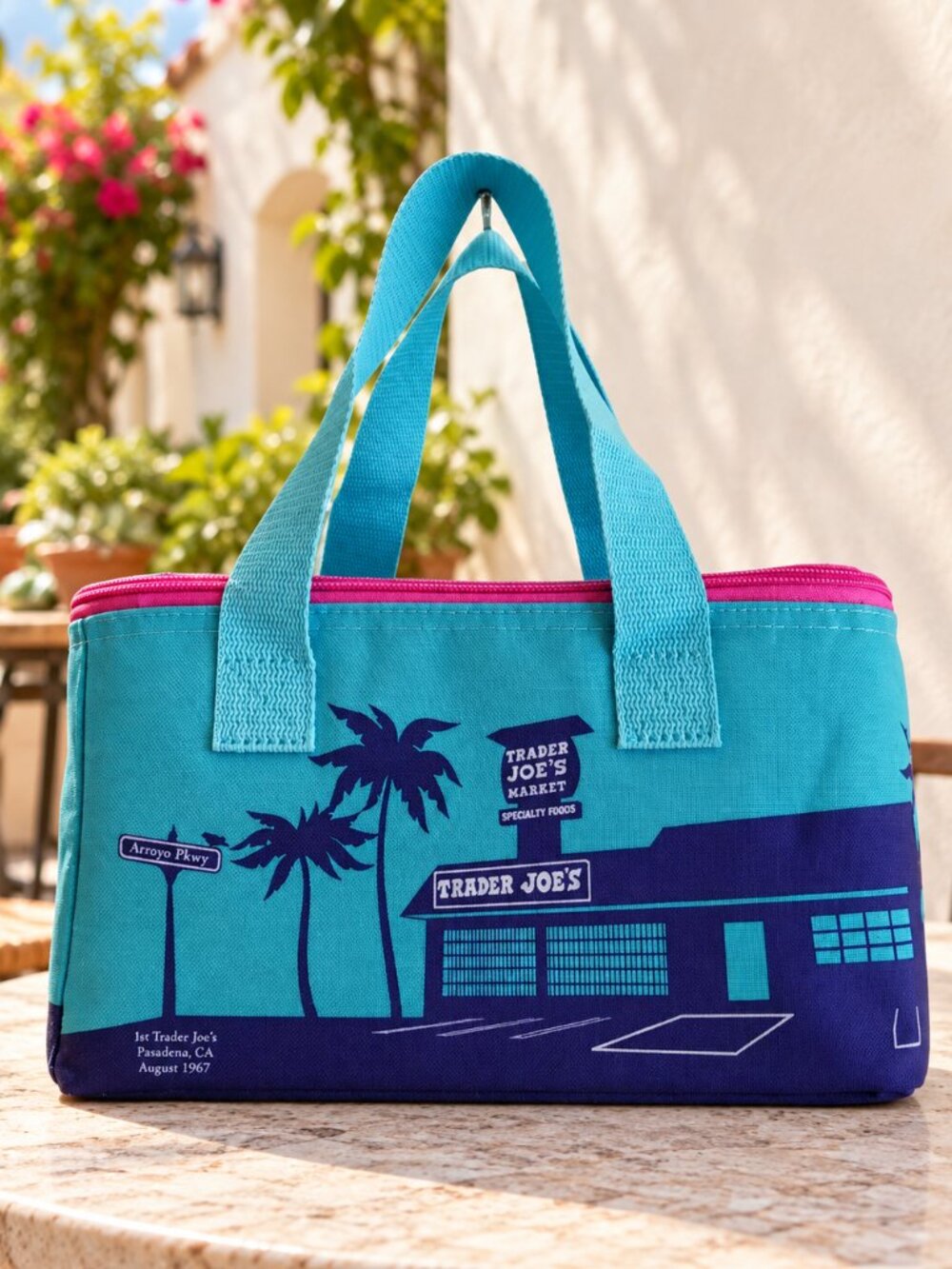 Trader Joe’s Mini Insulated Cooler Tote Bag Turquoise Pasadena Palm Tree NWT